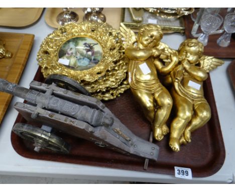 Two gilt wall hanging cherubs together with gilt & ceramic wall plaques
