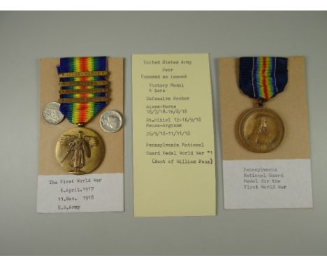 WWI PERIOD UNITED STATES ARMY MEDAL comprising Victory medals with four clasps Aisne-Marne, St Mihiel, Meuse-Argonne & Defens