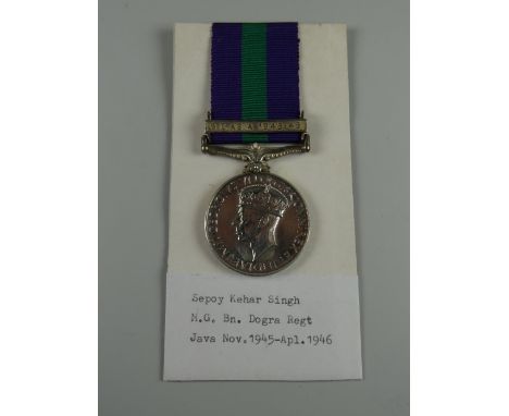 GEORGE VI GENERAL SERVICE MEDAL with single clasp S E Asia 1945-46, engraved 9935 Sepoy Kehar Singh M.G. BN DOGRA. R. (with p
