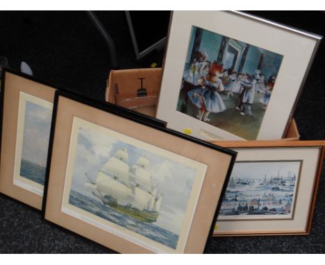 Box of prints including small Lowry print, shipping prints etc