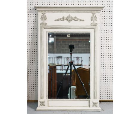 A MODERN FRENCH WHITE PAINTED CONSOLE TABLE (2)98cm wide; 88cm high with matching overmantel wall mirror 73cm wide; 110cm hig