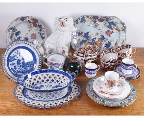 CERAMICS INCLUDING A ROYAL CORWN DERBY TEA POT AND FOUR CUPS (QTY)A Staffordshire dog, a continental part tea service and sun