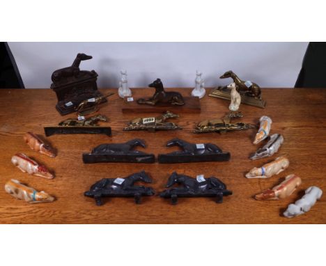 COLLECTABLES INCLUDING A QUANTITY OF GREY HOUND FIGURES (QTY)Including brass door stops and ceramic examples, the largest 13c