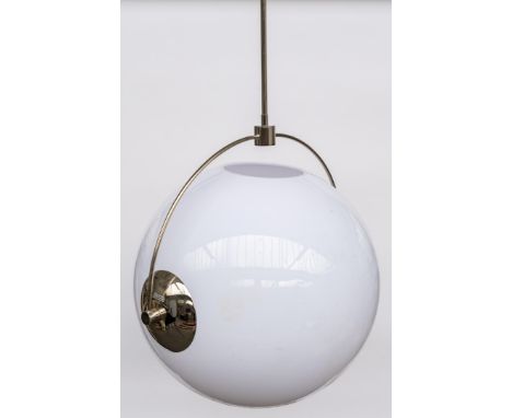 AN OVERSIZE WHITE GLOBE LAMP WITH CHROME EFFECT FITTINGSOf recent manufactureShade approximately 60 cm diam.Condition Report: