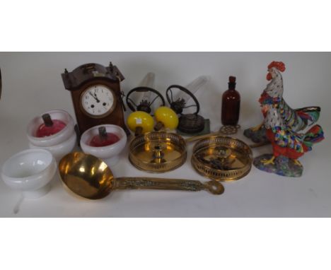 COLLECTABLES INCLUDING AN EDWARDIAN MANTEL CLOCK (QTY)18cm wide; 20cm high, two ceramic figures of cockerels, a pair of brass