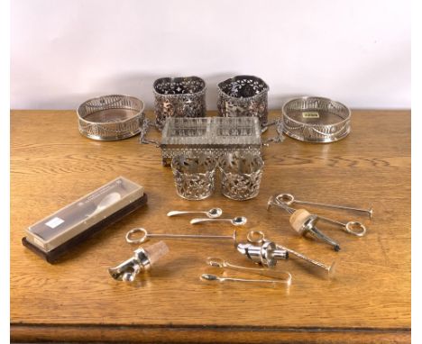 SILVER PLATED WARES INCLUDING TWO VICTORIAN STYLE WINE COASTERS (QTY)Plated flatware, cruet set and sundry