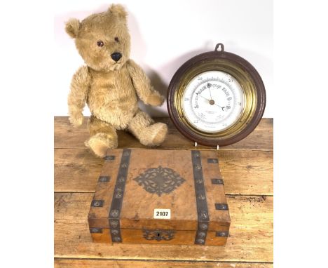 A VICTORIAN WALNUT AND BRASS BOUND BOX (3)27cm wide; 8cm high, an early 20th century wall barometer and a Chiltern Hygenic te