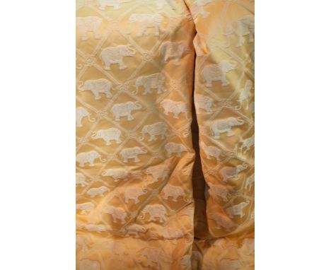 PAIR OF PALE GOLD CURTAINS IN KNICKERBEAN ‘ELEPHANT WALK’ FABRIC, LINED AND INTERLINED, WITH MATCHING GOBLIN PLEAT, PELMET &a
