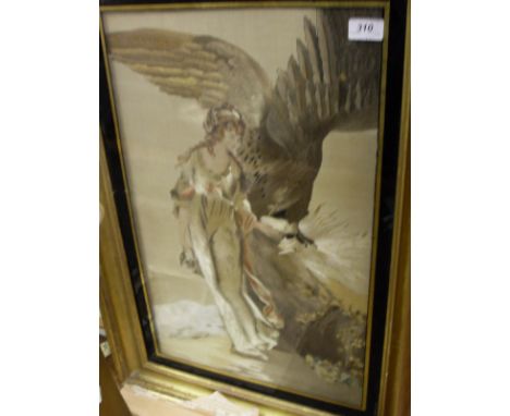 A 19th Century silk needlework study of "Lady feeding Eagle", together with a needlework study, signed M Harrison dated 1868 