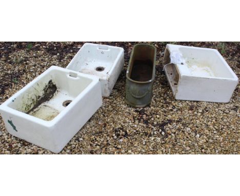 Three Belfast sinks and a planter
