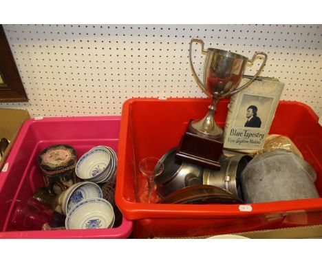 Two boxes of sundry items to include a twin-handled trophy cup, various rice bowls, hunting horn, riding crop etc   CONDITION