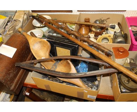 Three boxes of assorted kitchenalia, vintage tools, etc, to include stoneware jugs, salt pig, thatcher's tool, yoke, etc, tog