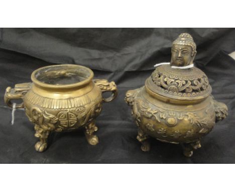 A Chinese bronze censer of small proportions, the main body with dragon and phoenix decoration and mythical beast mask handle