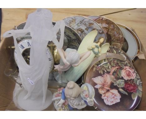 A box of various china including Royal Worcester collector's plates, china figures, German brass mantle clock, lantern type w