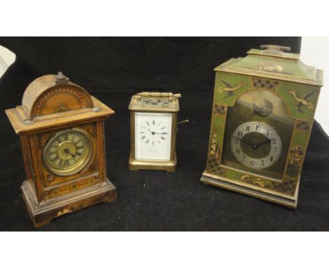 A green chinoiserie cased mantle clock by Buren of Switzerland, a lacquered brass cased carriage clock, the dial inscribed "C