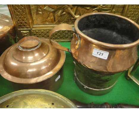 A 19th Century copper jug and a copper lidded pot, together witih a modern brass hexagonal lantern in the 18th Century Dutch 