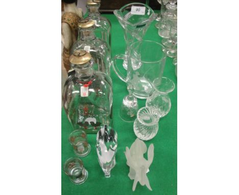 A set of three Holmegaard Christmas decanters with two tot glasses, a Marquis Waterford crystal vase, French engraved glass m