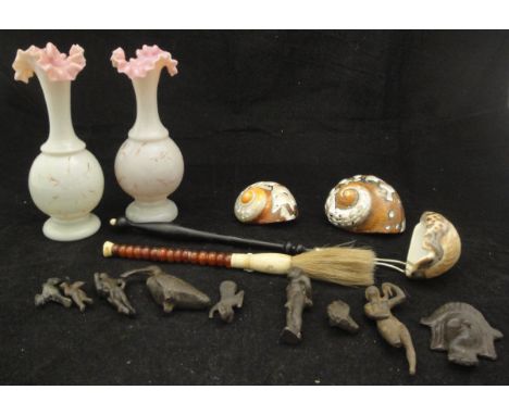A box containing two circa 1900 glass onion-shaped vases with frilly edges, together with various shells, a punch ladle with 