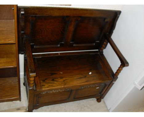 An oak effect open bookcase and an oak Monks type bench   CONDITION REPORTS  Bookcase approx 90 cms wide x 180 cms tall.  Som