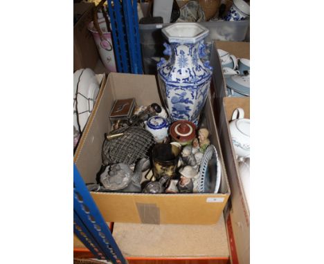 Two boxes of assorted decorative china to include various figurines, blue and white vase, etc, together with a collection of 