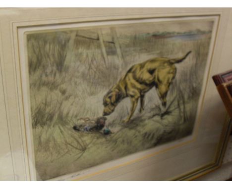 AFTER HENRY WILKINSON "Retriever with duck", limited edition colour engraving No'd. 148/150, signed lower left