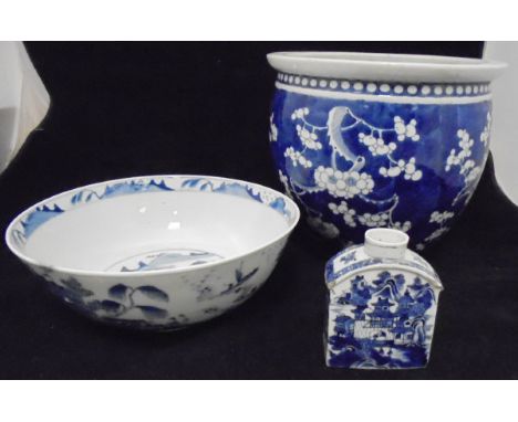 A 19th Century Chinese blue and white porcelain tea caddy, a Chinese blue and white fruit bowl bearing four character mark to