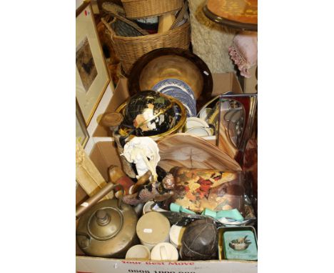 Two boxes of sundry china and glass to include a table-top globe set with various stone specimens, assorted blue and white "W