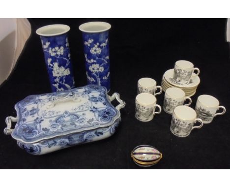 A set of six Royal Chelsea English bone china coffee cans with a bat printed type decoration depicting a Fisherman fly fishin