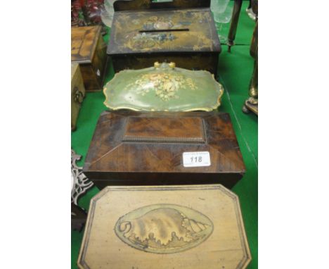 A Regency marquetry inlaid two section tea caddy, a Victorian mahogany sarcophagus shaped two section tea caddy, a black lacq