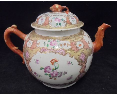 A Chinese Qianglong punch pot, polychrome decorated with panels of floral sprays within a scaly ground, the lid with peach fi