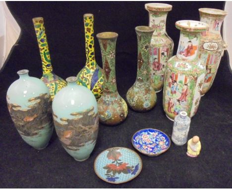 A collection of three Chinese famille rose vases, a pair of Chinese relief work decorated yellow ground vases, a pair of Japa