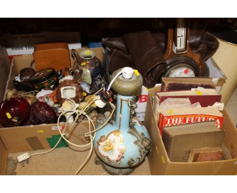 A box of various china and glass wares, Continental brass mounted porcelain table lamp, leather jacket, sheepskin jacket and 