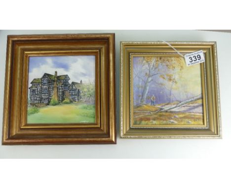A H. Betteley framed hand finished ceramic tile together with a hand painted tile by John Midinet (2)
