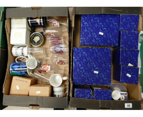 A mixed collection of ceramic and glass items to include - boxed James Sadler commemorative cups, saucers, similar tea pots, 