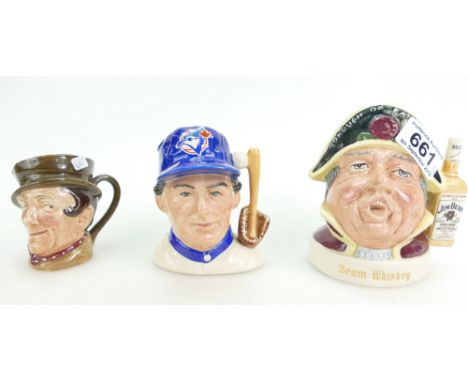 Royal Doulton small character jugs Sam Weller, Toronto Blue Jays baseball player D6973 and  Town Crier Jim Beam liqueur flask