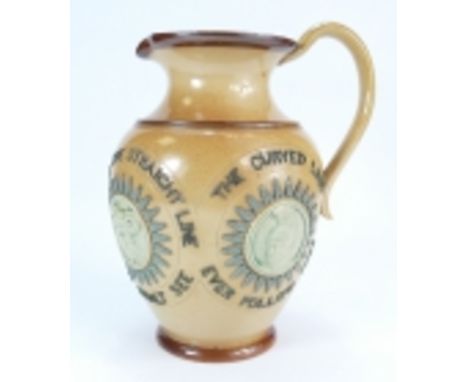 A Doulton Lambeth stoneware jug decorated all around with various portrait plaques with mottos, height 20cm (minute nick to t
