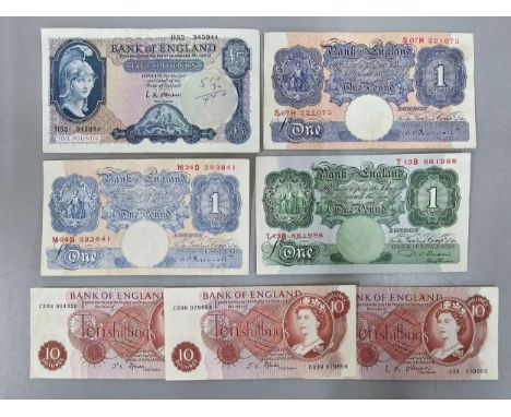 Banknotes - a small collection comprising of a L. K. O'Brien 'Lion and Key' Five Pound, a pair of Peppiatt 1940's One Pounds,