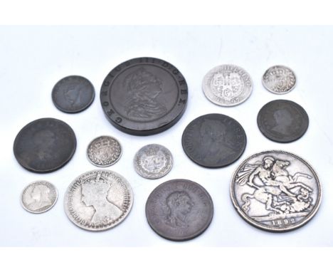 A collection of George I - Victoria coins of interest to include 1892 Crown, 1871 'Gothic' Florin, 1897 Shilling,1865 Maundy 