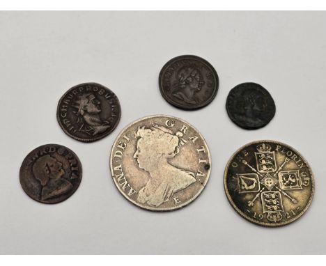 Mixed coins of interest to include Queen Anne Edinburgh mint 1707 Halfcrown, 1921 Florin, 1717 'Dump Issue' Farthing, 1642 Fr