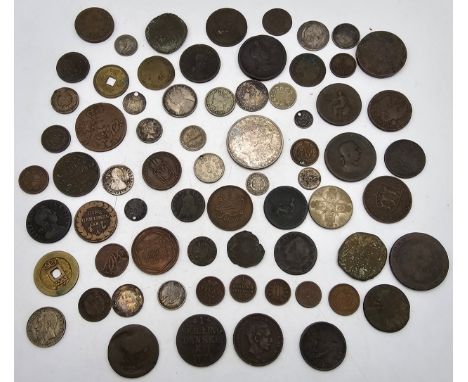 A collection of 18th Century and later coinage from around the world to include, USA 1887 'Morgan' Dollar, 1840 Half Dime, 17