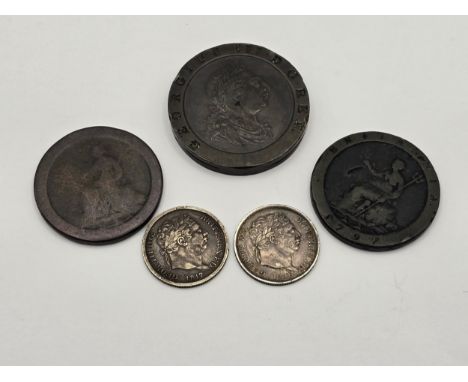 George III - 1817, 1820 Silver Sixpence, together with 1797 'Cartwheel' Two Penny and a pair of One Pennies,