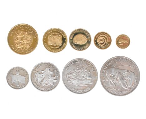 1972 Riyal Wedding Anniversary Gold and Silver Proof Nine-Coin Set, comprising of Gold £50 (23.2g), £25 (12.5g), £20 (9.7g), 