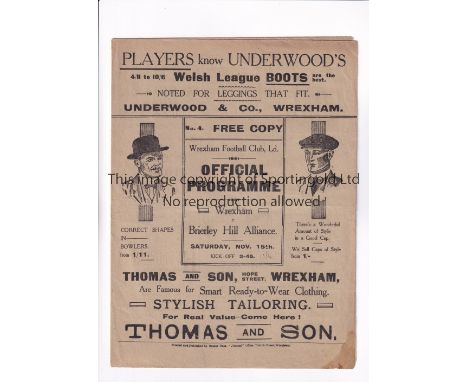 WREXHAM V BRIERLEY HILL ALLIANCE 1913&nbsp; &nbsp; &nbsp;Gatefold programme for the first team Birmingham &amp; District Leag