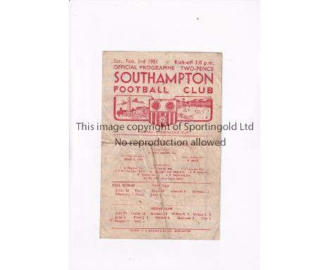 SOUTHAMPTON V FULHAM 1951  Programme for the Combination Cup tie at Southampton 3/2/1951, horizontal crease with general wear