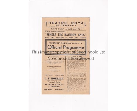 ALDERSHOT V BRIGHTON 1946 FA CUP  Programme for the tie at Aldershot on 30/1/1946, slightly creased folded in four and scores