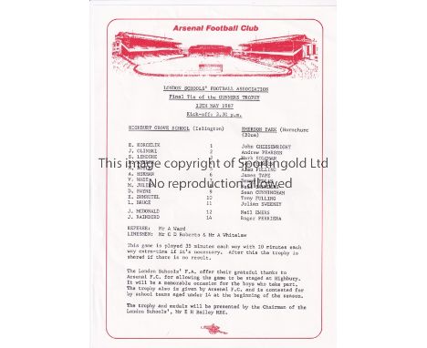 NEUTRAL AT ARSENAL      Single sheet programme for the Gunners Trophy Final, Highbury Grove School v Emerson Park School 13/5