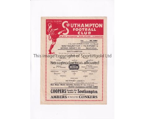 SOUTHAMPTON V NEWPORT COUNTY 1946 FA CUP     Single sheet programme for the tie 5/1/1946 at Southampton, slightly creased.   