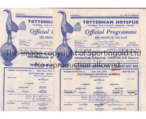 TOTTENHAM HOTSPUR        Thirteen home Football Combination programmes for season 1952/3 v Cardiff, Southend Cup, Plymouth, W