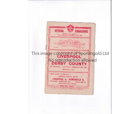 LIVERPOOL V DERBY COUNTY 1947 FA CUP     Programme for the tie at Liverpool 8/2/1947, horizontal fold and slightly worn.     