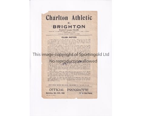 CHARLTON ATHLETIC V BRIGHTON 1943     Single sheet programme for the FLS cup tie at Charlton Athletic on 30/10/1943, creased,